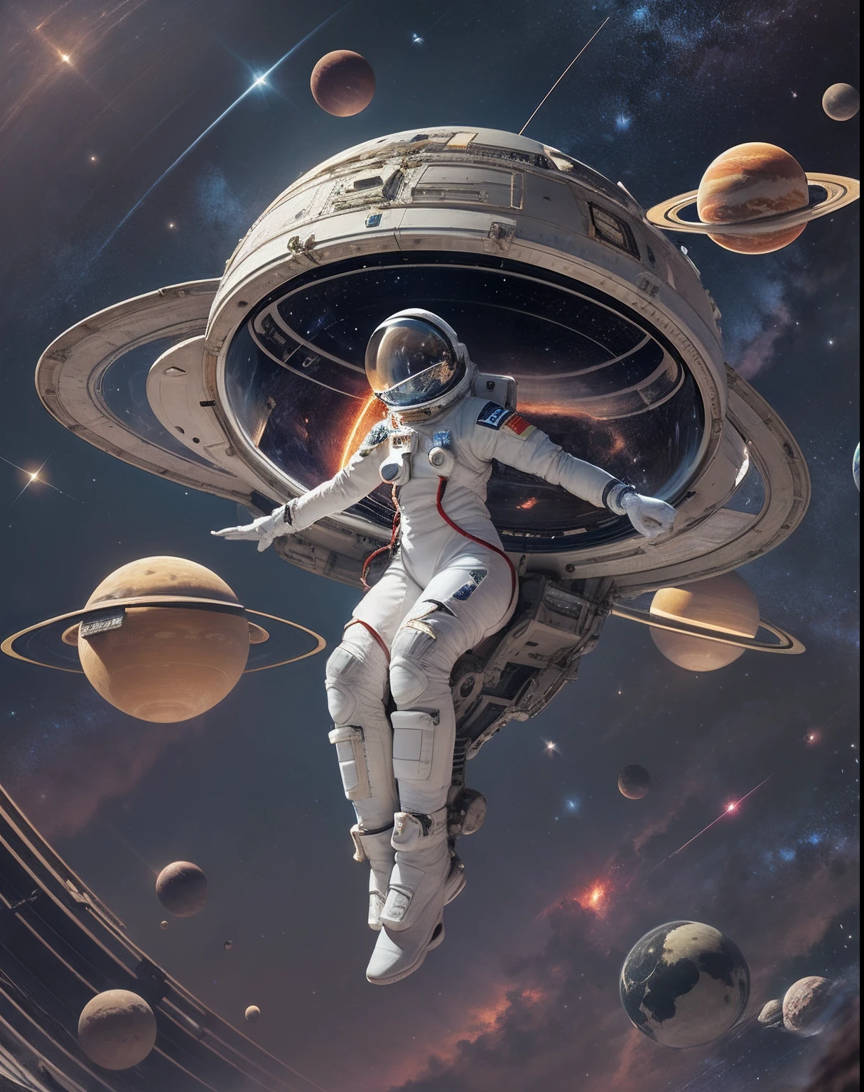 en el espacio, interestelar, planetas, femenine astronaut, traje espacial ajustado, cuerpo de reloj de arena, flotando en el espacio, levitando, Saturno, flotando en el espacio, astronave, nave espacial intrincada, nave espacial gigante, obra maestra, mejor calidad