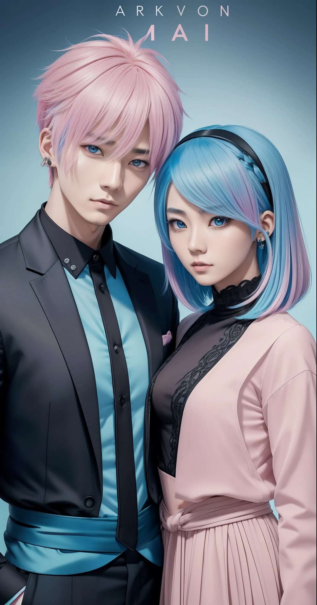 ((Male and female couples)), Idol Photos, Magazine covers, Photos of actors, Professional Photos, Height difference, tall male, Happiness, youthfulness, extra detailed face, detailed punk hair, very detailed character, inspired by Sim Sa-jeong, Cai Xukun's, detailed realistic faces, highly detailed realistic face, high detailed face anime, realistic detailed face, Accurate detailed face, attractive androgynous humanoid, Cool Korean fashion in black, ((Man with light blue hair)), ((Woman with pink hair)), ((Woman with long hair below waist)), ((Man with short hair over ears)), ((Pink hair woman with gentle expression)), ((Man with light blue hair with wild expression)), high-level image quality, ​masterpiece, Photographed so that the whole body can be seen, Photographed to make clothes look beautiful, Take your eyes off, ((two individuals)), ((British couple))