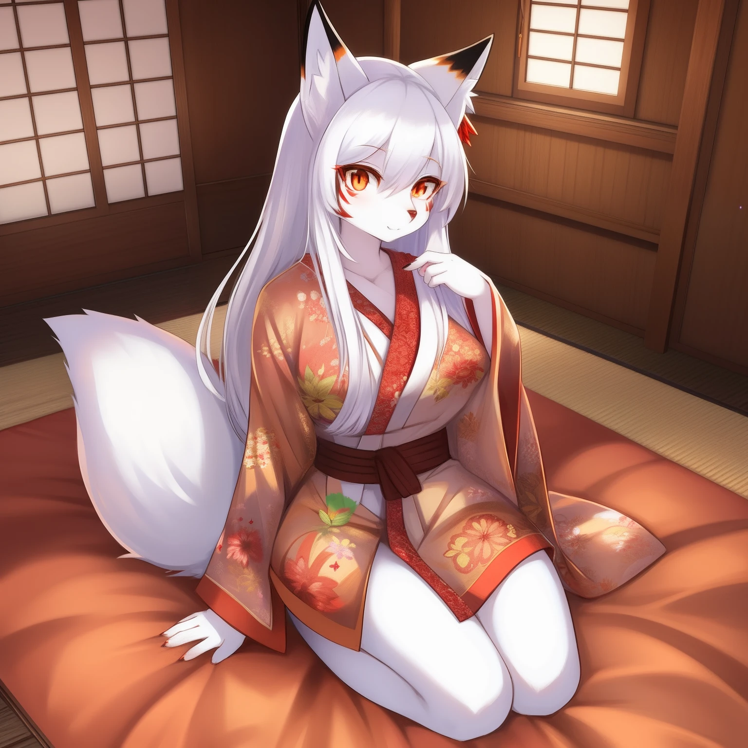 solo, Female, fox, kitsune, white fur, red face markings, white body, white hair, long hair, red and orange eyes, long lashes, cute face, white kimono, lithe body, average body, lean body, red and gold elements to kimono, Kanzashi in hair, traditional Japanese home, Japanese bed room, looking at viewer.