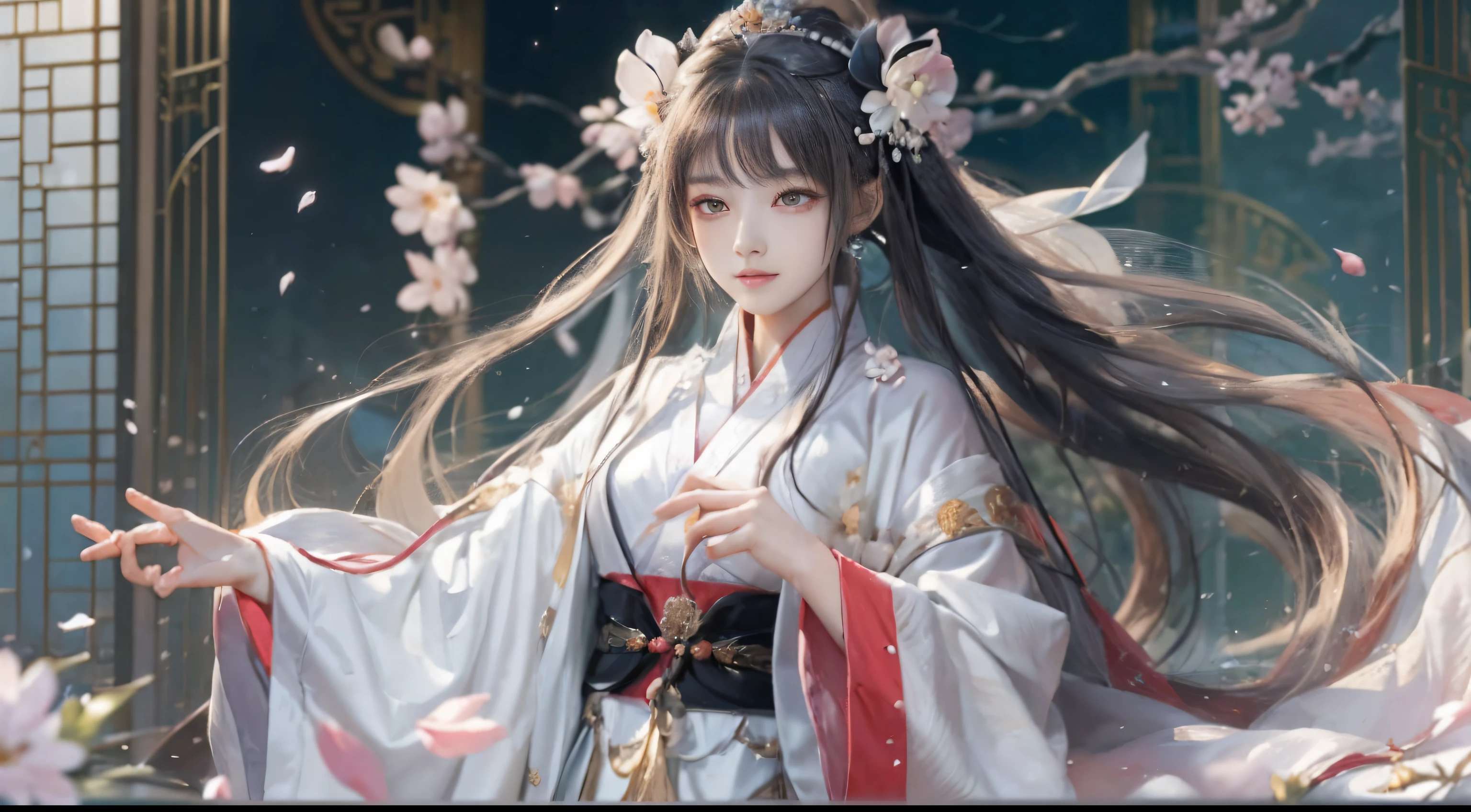 Anime girl in white and black dress，Long hair shawl，((a beautiful fantasy empress))，Palace，A girl in Hanfu，a beautiful fantasy empress，heise jinyao，Anime goddess，flowing hair and long robes，lovely languid princess，onmyoji portrait，inspired by Ma Yuanyu，Flowing white robe，sakura petals around her。Realiy，adolable