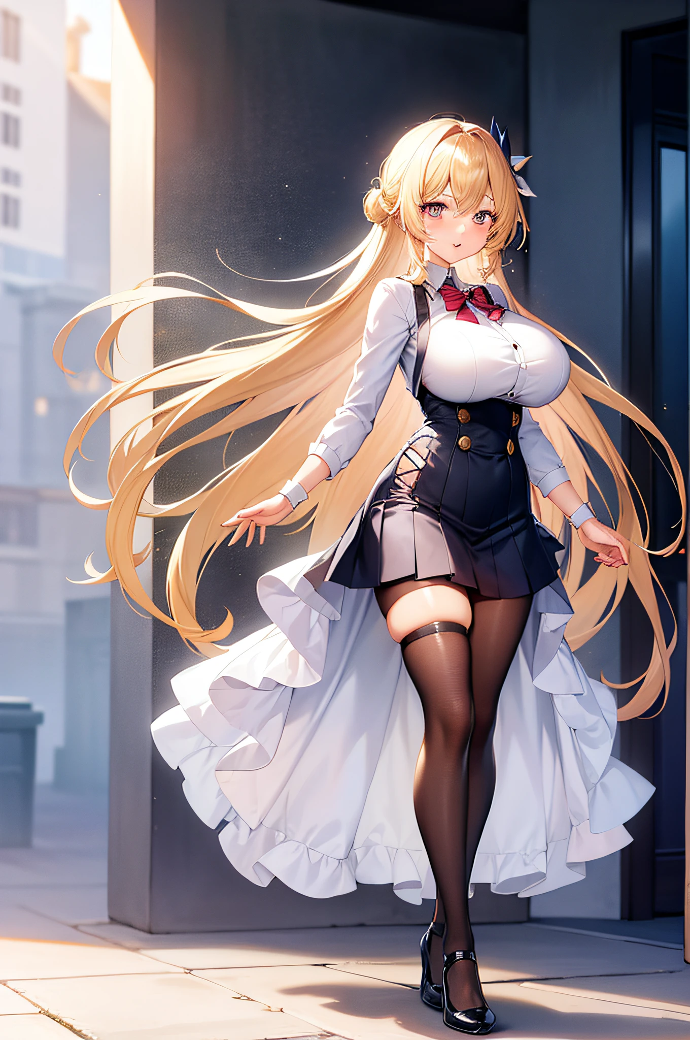 ojousama, Mature female, Blonde hair, Light blush, Visible through hair, excited, Sparkling eyes, Large breasts, school uniform, upper legs,Anime - Woman in white，arms out，reaching out her hands, White-haired god, anime woman fullbody art, beautiful full-body concept art, azur lane style, Anime goddess, Biomechanical OPPAI, Full-body art, full body concept, full body concept art