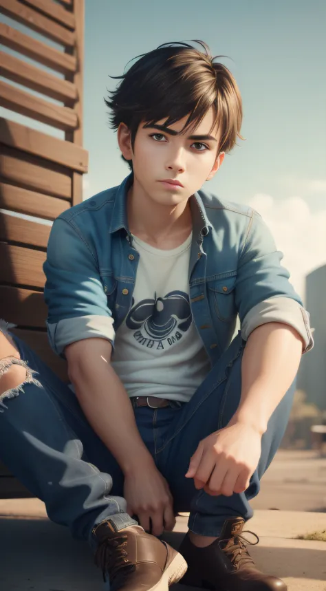 there is a poster，it features a boy sitting on a roof，short detailed hair，denim jacket，denim pant，wear torn leather shoes，depth ...