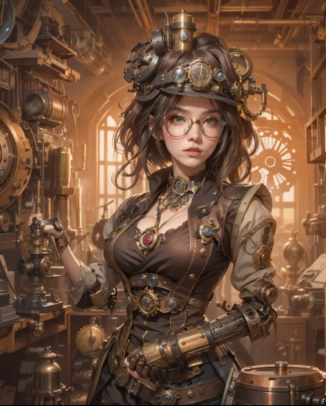 ((masutepiece)), (1girl in), (Steampunk Theme:1.5), (Mechanical elements:1.3), (goggles:1.2), (Inventor:1.1), (Engagement Expressions), (Active Pose), ((Highly detailed workshop background)), (Various gears:1.2), (Steam Power Machinery), (blueprint),(Flick...