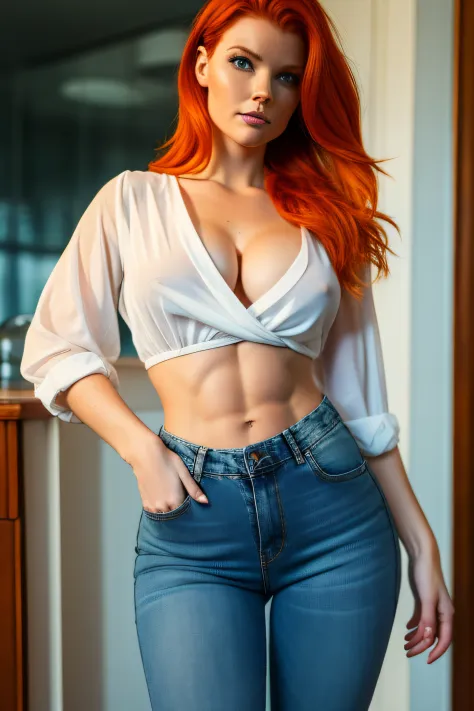 beautiful 25 year old australian woman, ginger hair, she wears a casual  white shirt and pulls it down, huge beautiful breasts, huge - SeaArt AI