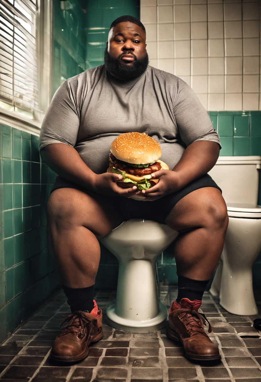 Araffe sitting on a toilet with a hamburger in his hands - SeaArt AI