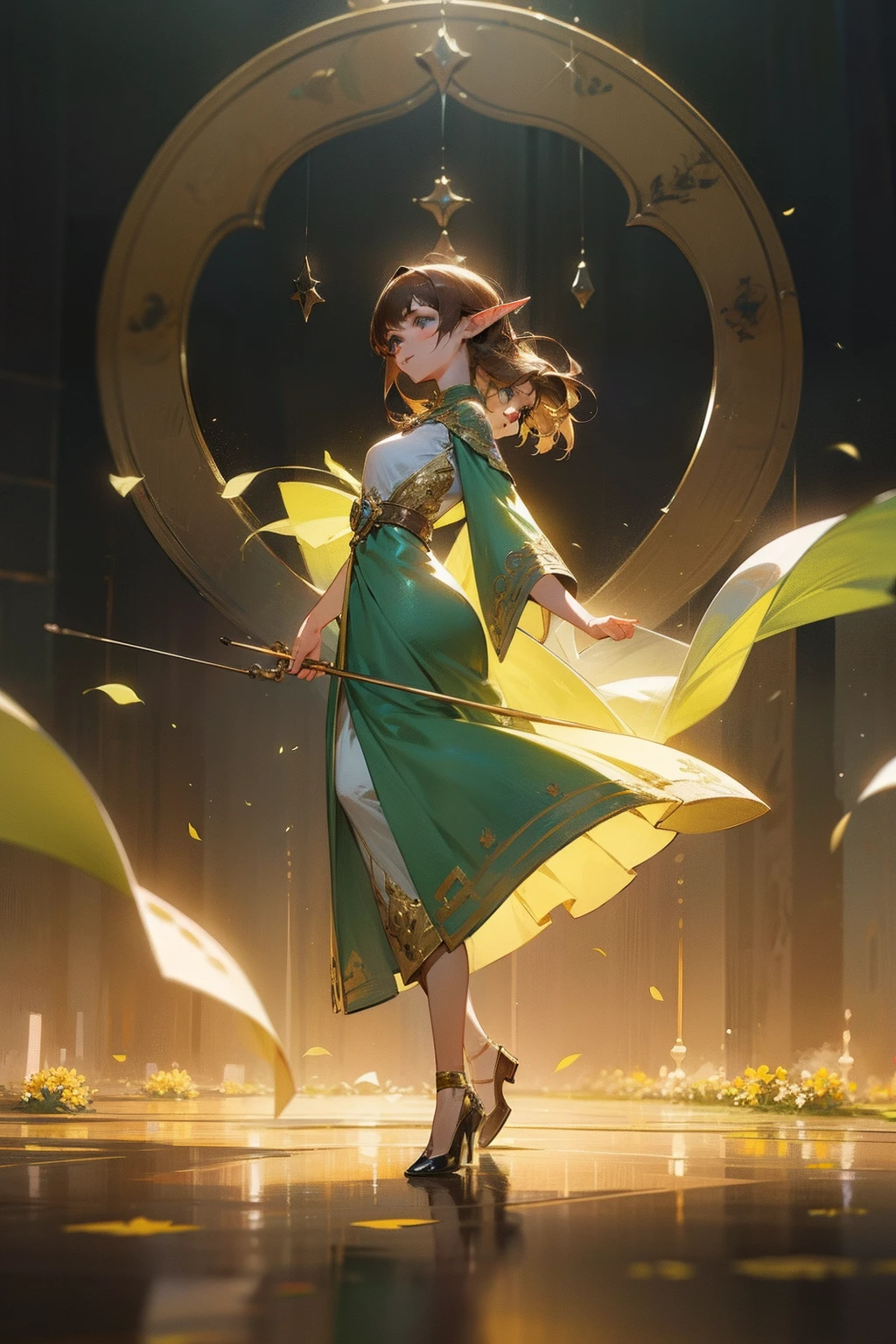 "Build a high-quality image that stands out for its exceptional skill in the play of light and shadow. The protagonist, an enigmatic forest elf, is presented with brown hair adorned with golden highlights and captivating light blue eyes. Her full figure is shown with a medieval dress, shorter in length, in shades of green and pink, with detailed embroidery of leaves and flowers in gold thread.

Magical lighting envelops the elf, enhancing her serene presence and creating an atmosphere of mystery. As she walks, flowers bloom as she passes, and her hair and dress billow gracefully, creating a choreography of shadows and movement. The image masterfully fuses medieval elements with a modern collegiate touch, offering the viewer a window into an enchanted and magical world where beauty and magic converge."