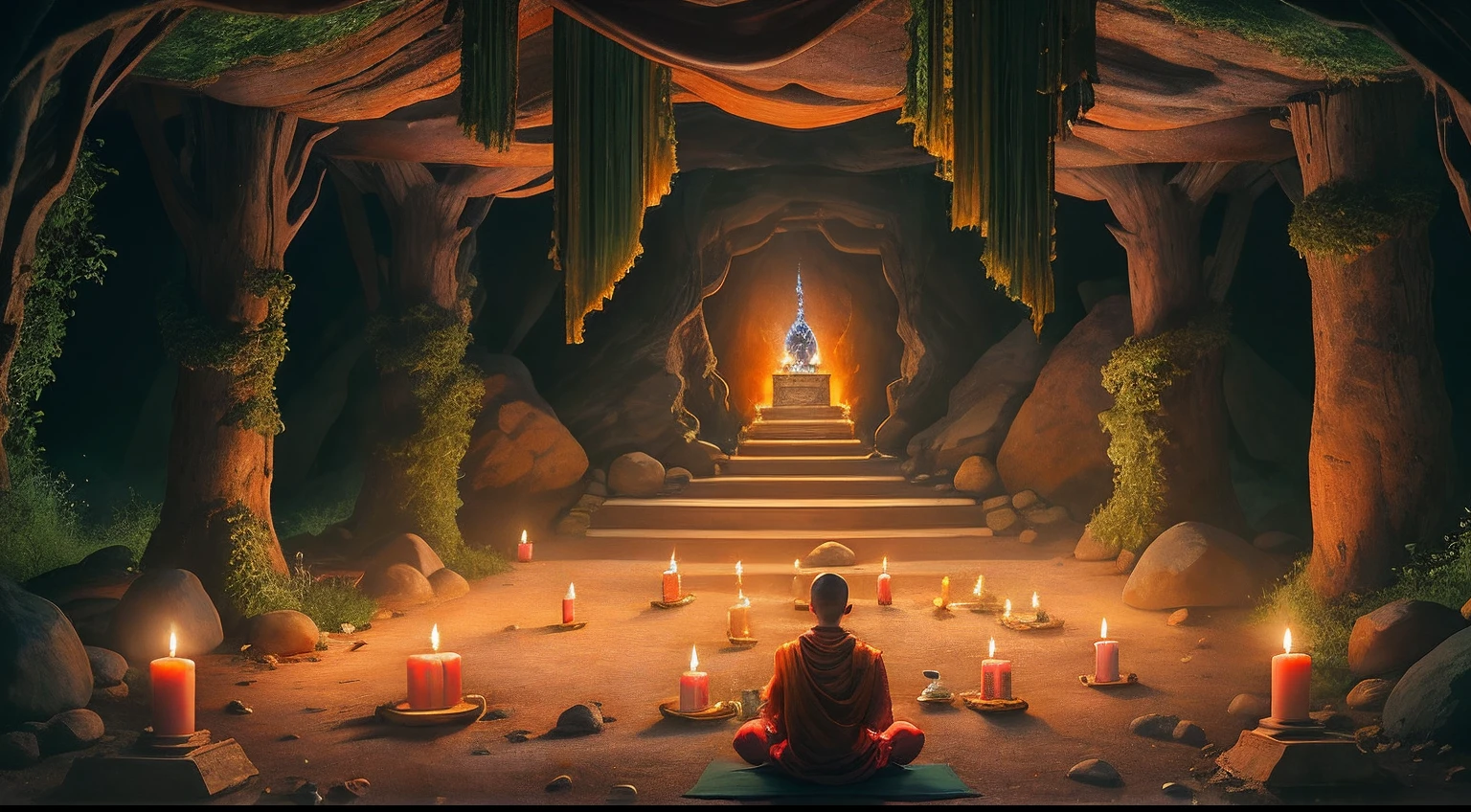 A person sits in a cave，Candles are lit, The Hindu phase of meditation, monk meditation, Meditating, a mystical temple, prayer meditation, Buddhist monk meditation, glowing temple in distance, floating in a powerful zen state, Buddhism, Meditation, Buddhist, in a cave with the waterfall, A mystical environment, underground temple, mysterious temple setting,