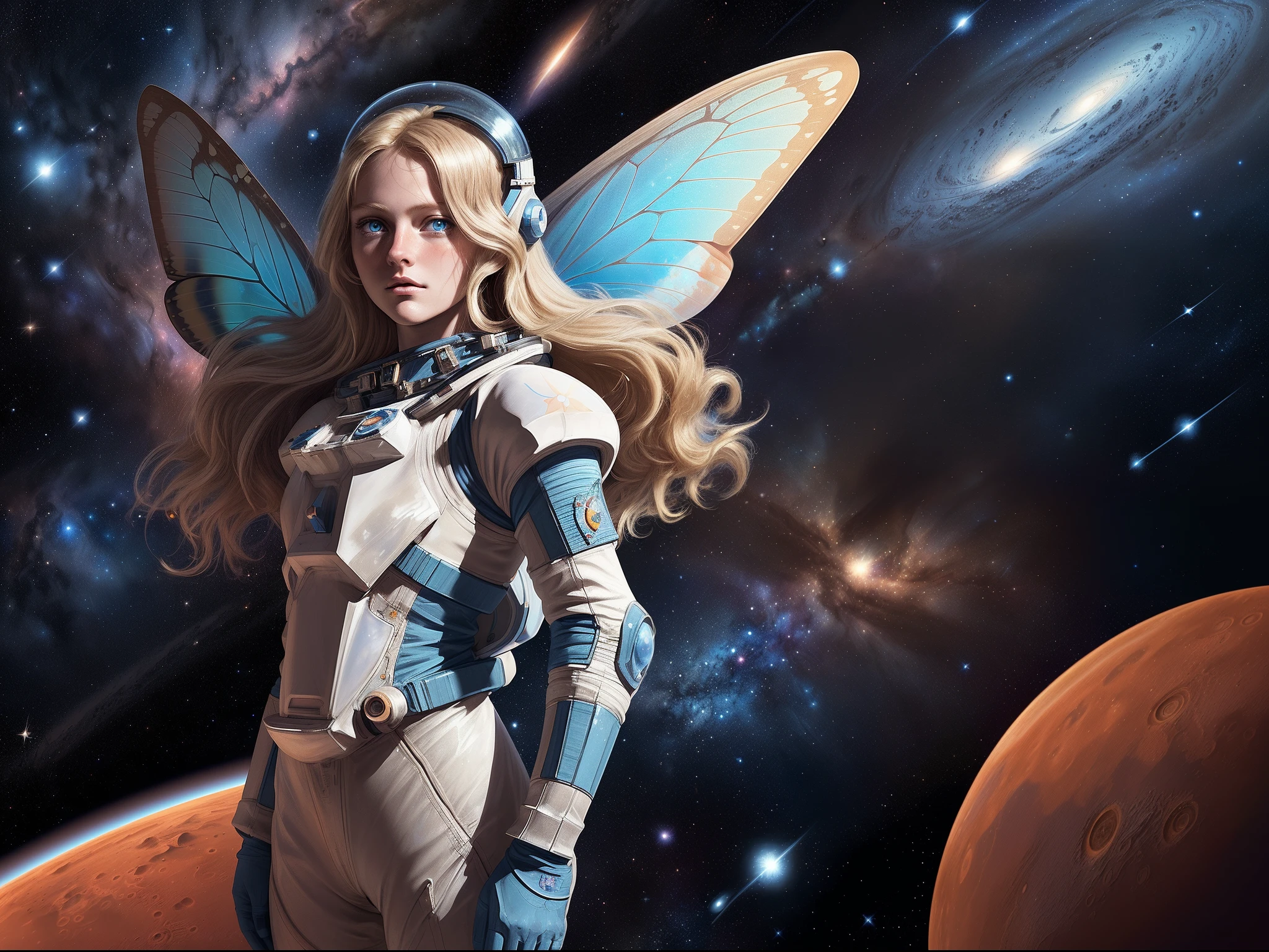 há uma ilustração de um astronauta de fadas em Marte olhando para o espaço vendo a vasta de estrelas e espaço, Tiros na Cabeça, cabelo loiro, cabelo longo, olhos azuis, rosto ultra detalhado, Asas de borboleta, espaço e estrelas como fundo, sensação de infinito