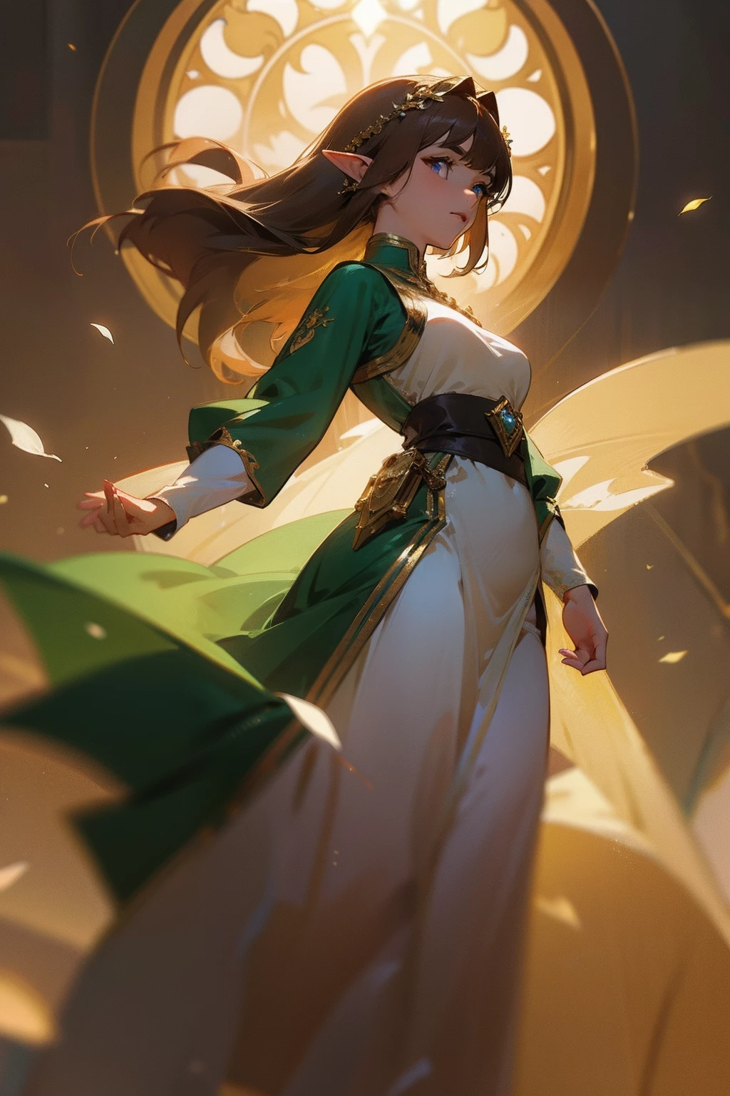 "She builds a high-quality image that stands out for her exceptional skill in the play of light and shadow. The protagonist, an enigmatic forest elf with medium breasts, is presented with brown hair adorned with golden highlights and captivating light blue eyes. Her Full figure is shown in a revealing, short length, medieval dress in shades of green and pink, with detailed embroidery of leaves and flowers in gold thread.

Magical lighting envelops the elf, enhancing her serene presence and creating an atmosphere of mystery. As she walks, flowers bloom as she passes, and her hair and dress billow gracefully, creating a choreography of shadows and movement. The image masterfully fuses medieval elements with a modern collegiate touch, offering the viewer a window into an enchanted and magical world where beauty and magic converge."