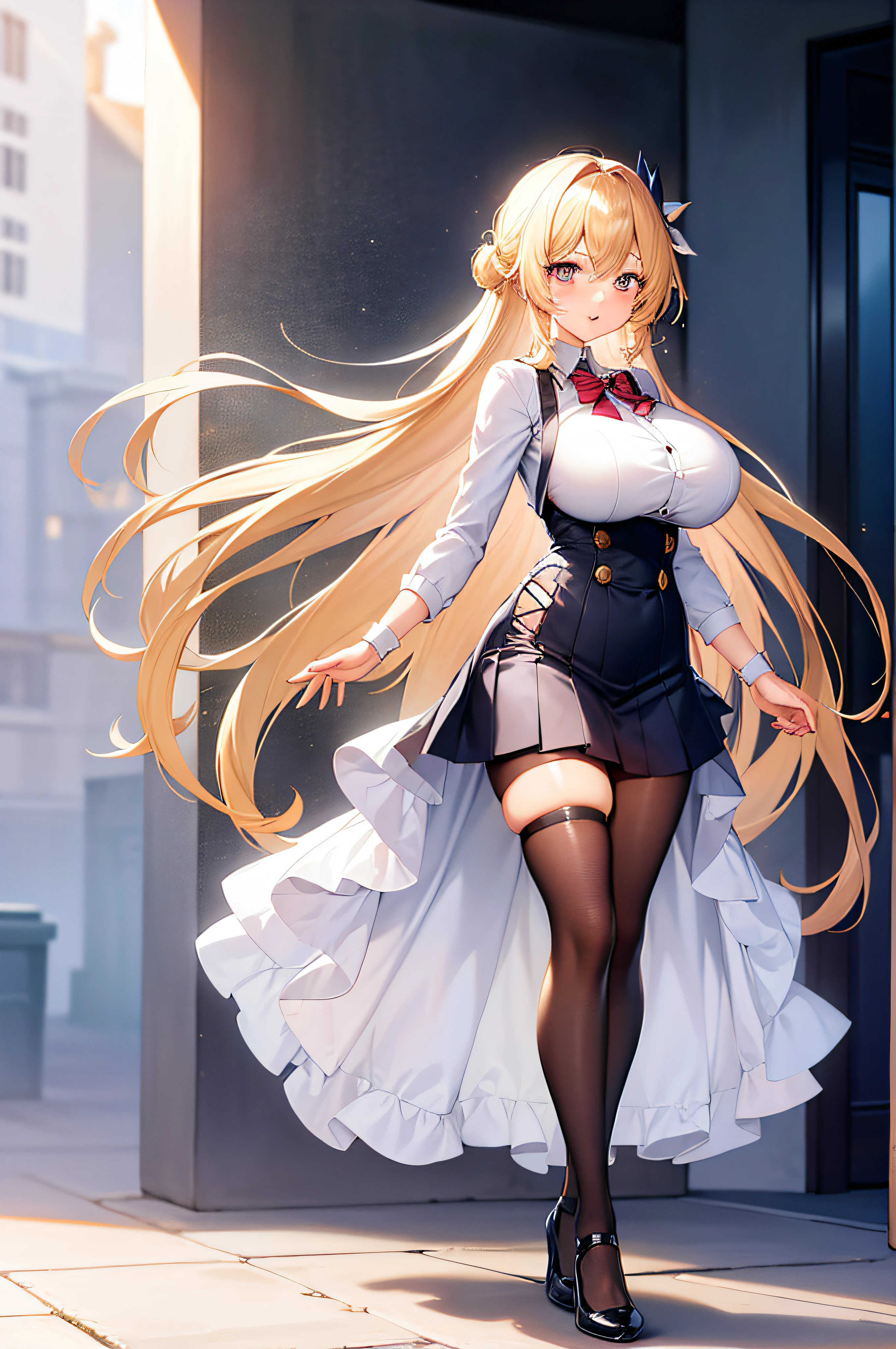 Anime girl with long blonde hair and black stockings posing in front of a  building - SeaArt AI