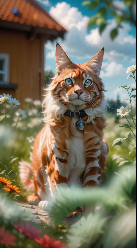 Red maincoon, Sitting in the grass among the flowers, Very high-quality photo, professionally staged light, on a street with clear weather, blue cumulus clouds in the sky, very beautiful, an awesome landscape against the background, A still from a movie wi...