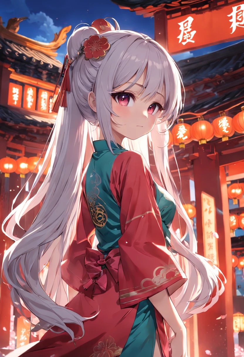 whaite hair，Lan Xiao，Dragon girl，dual horsetail，on cheongsam