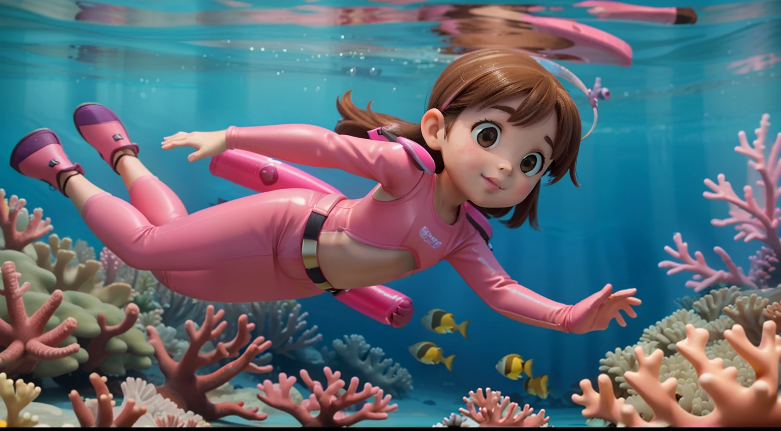 "High quality, masterpiece, a 5-year-old little girl, brown hair, pink diving suit, pink diving pants, pink diving gloves, pink diving shoes, swimming towards the camera, underwater, ocean floor, coral reef, fish."