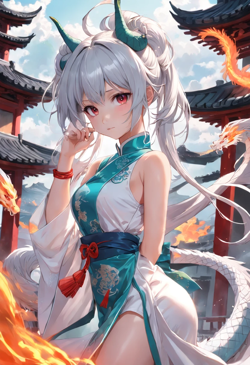 whaite hair，Lan Xiao，Dragon girl，dual horsetail，on cheongsam，Dragon tail dragon horn