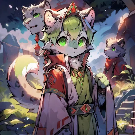 A snow leopard，Glossy fur，Bright green eyes，Dressed in nomadic tribal costumes，The face is full of guard