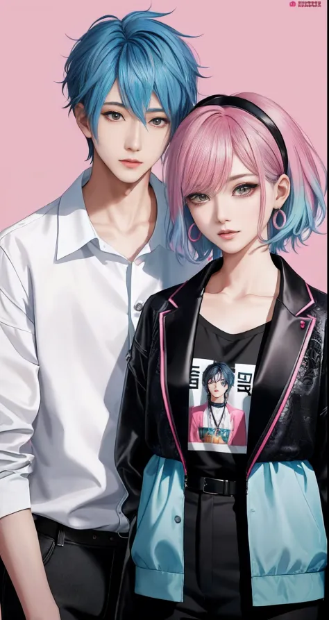 ((Male and female couples)), Idol Photos, Magazine covers, Photos of actors, Professional Photos, Height difference, tall male, Happiness, youthfulness, extra detailed face, detailed punk hair, very detailed character, inspired by Sim Sa-jeong, Cai Xukun's...