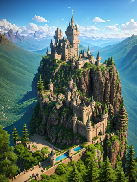 Alafard Castle is on the hill，There is a swimming pool in the middle, epic castle with tall spires, high fantasy castle, Beautiful castle, beautiful render of a fairytale, Fantasy castle, Epic Castle, Castle on the hill, magical castle school on a hill, fu...