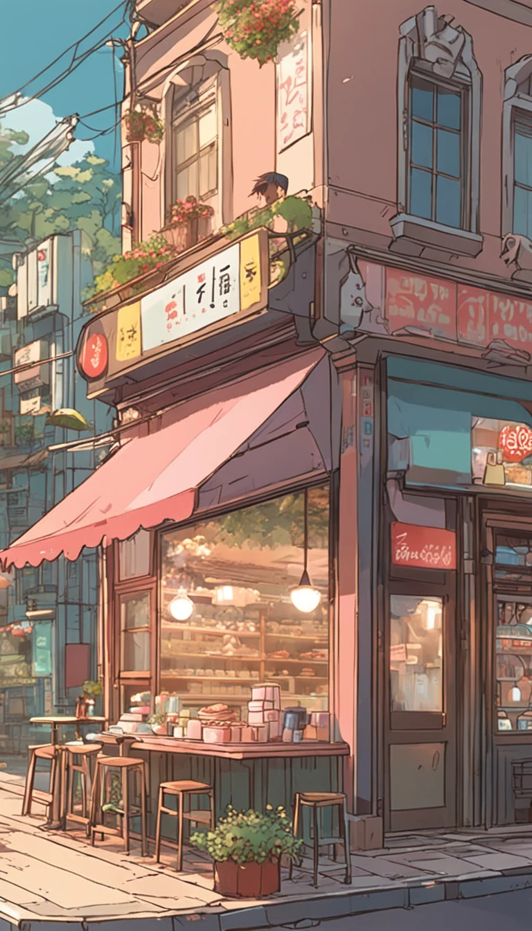 Anime city street scene with a cafe and a restaurant - SeaArt AI