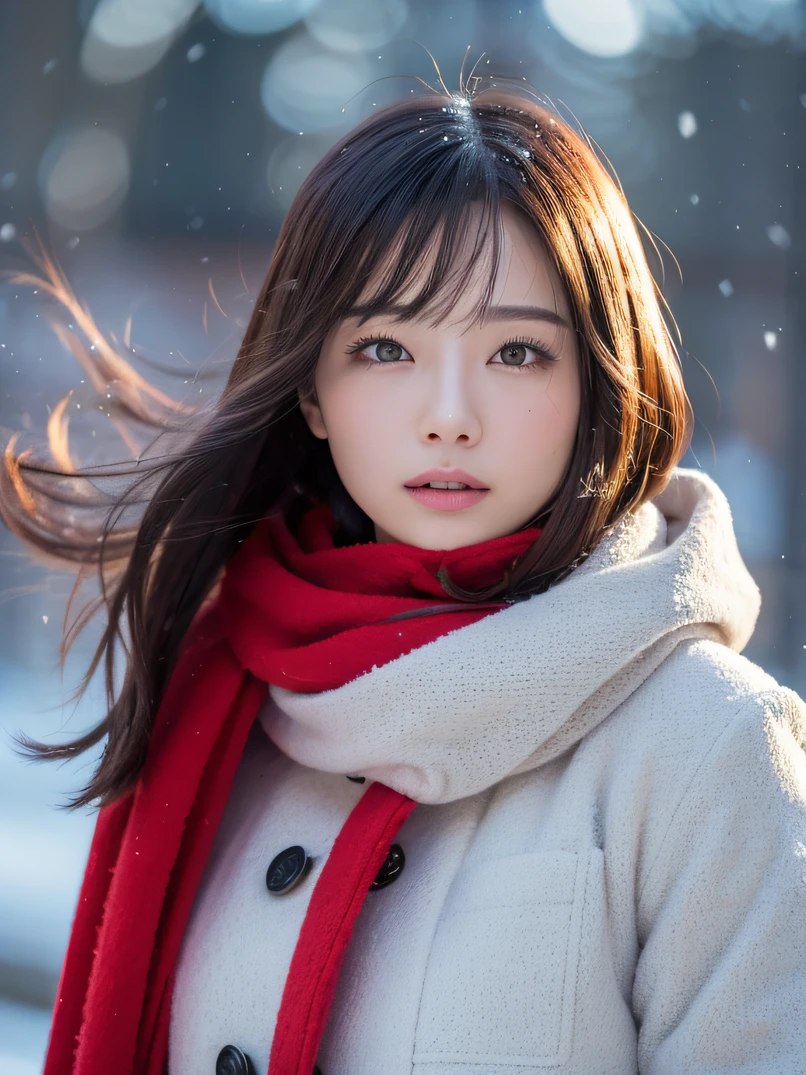 Photorealsitic、Enhanced dynamic perspective，a beauty girl，Winters，snowscape，snowflakes flying、（Lots of snowflakes：1.4），snow cover，Black and red down jacket coat，Thick wool scarf，Looking here，simple backgound，Works of masters，high quarity，4K resolution，super-fine，Detailed pubic hair，acurate，Cinematic lighting