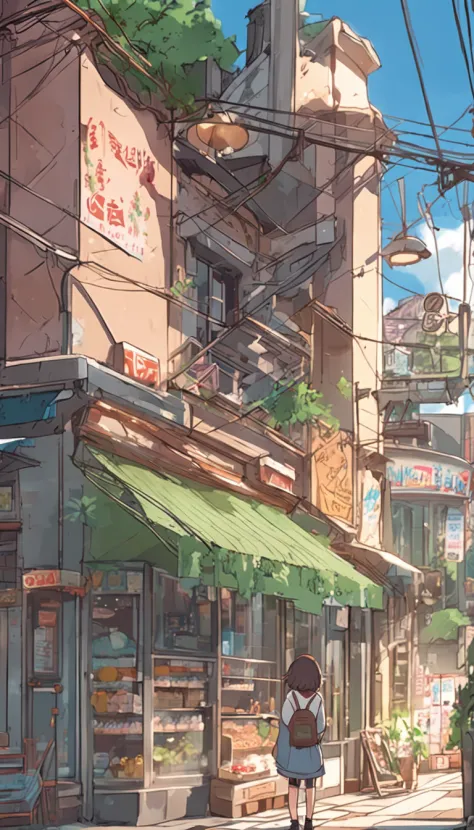 Anime - City street style scene, a woman waiting in front of a store, anime background art, detailed scenery - width 672, anime landscape concept art, anime style cityscape, Studio Ghibli anime style, Studio Ghibli art style, Studio Ghibli program, anime l...