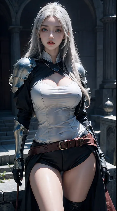 Photorealistic, high resolution, 1 girl, Hips up, White long hair, Beautiful eyes, normal breast, dark souls style, Knight armor