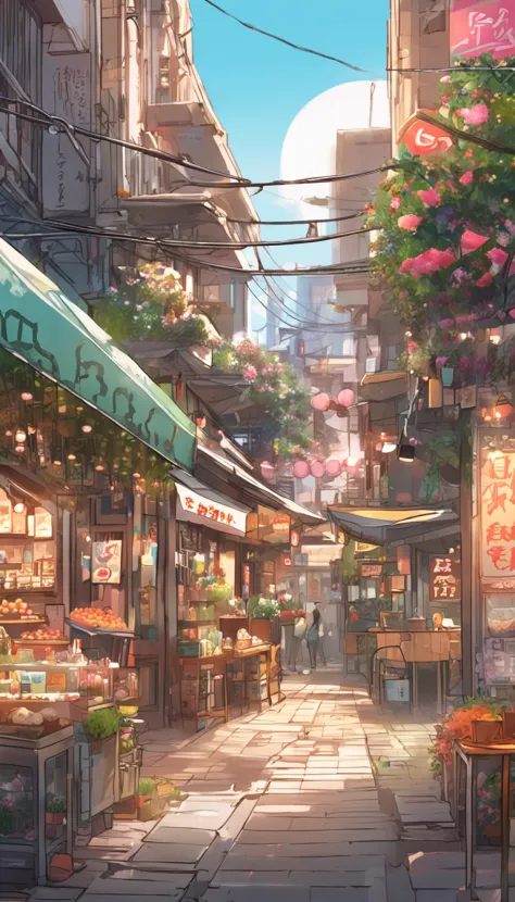 City flower shop, potted plants, flower, rainny night,water reflection puddle,oriental design, hanging lights , digital painting, sunset,wind up,concept art, illustration, intricate, many people, hanging lights, happy, beautiful colorful light, flower, pla...