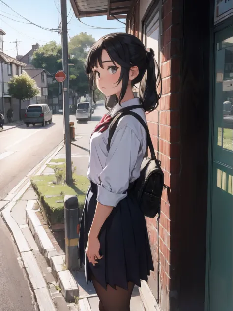 1girl, solo, beautiful, cute, school uniform, full body, beautiful background, country side village, at a bus stop, traffic sifn...
