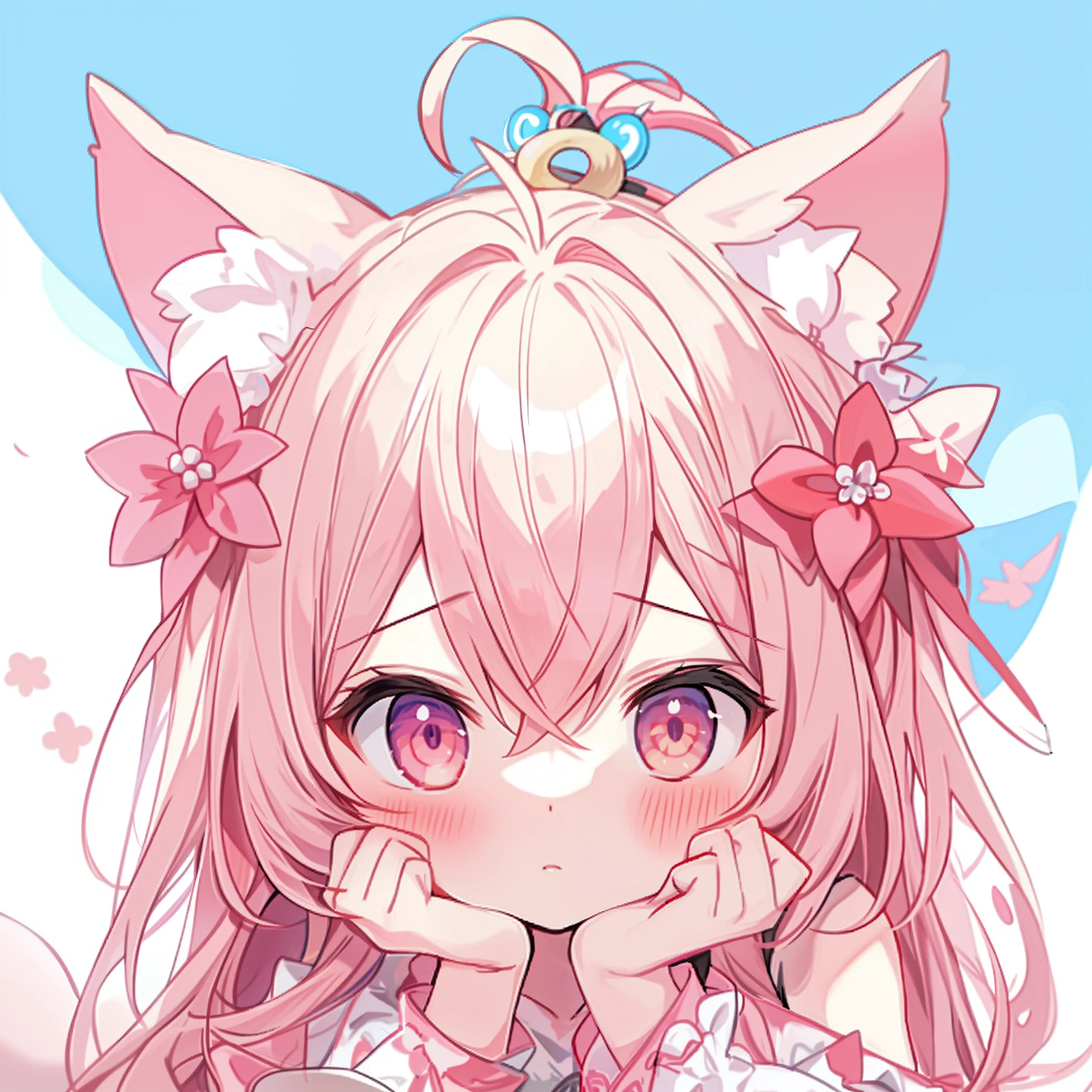 Cat's ears，1girll，is shy，Hold the cheeks，Floral hair ornament，