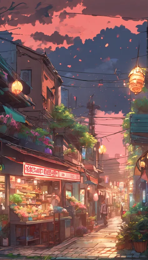 City flower shop, potted plants, flower, rainny night,water reflection puddle,oriental design, hanging lights , digital painting, sunset,wind up,concept art, illustration, intricate, many people, hanging lights, happy, beautiful colorful light, flower, pla...