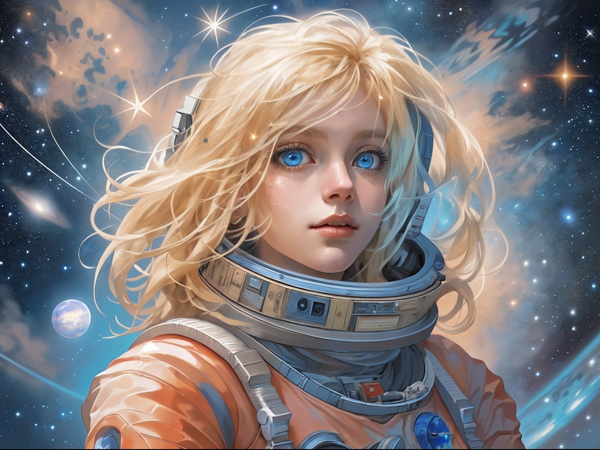 有一幅插图，一个仙女宇航员站在火星上，望向太空，看到浩瀚的星星和太空, 金发, 长发, 蓝眼睛, 超细致的脸部, 太空和星星作为背景, 无限感,