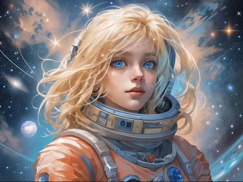 there is an illustration of a fairy astronaut standing on Mars looking into space seeing the vast of stars and space, blond hair...