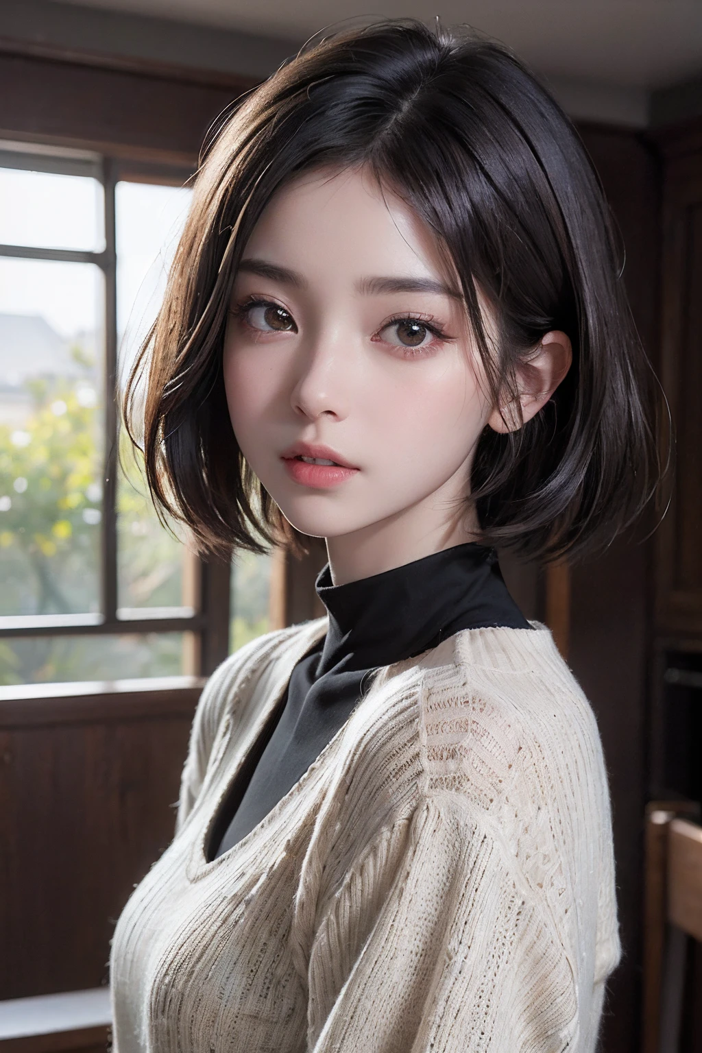 (masuter piece:1.3)、(8k、Photorealsitic、RAW Photography、top-quality: 1.4)、(1girl)、beautiful countenance、(lifelike face)、(A dark-haired、short-hair:1.3)、Beautiful hairstyle、realisticeyes、Beautiful details、（real looking skin）、Beautiful skins、（Sweaters）、absurderes、enticing、超A high resolution、A hyper-realistic、high-detail、the golden ratio、Less exposure