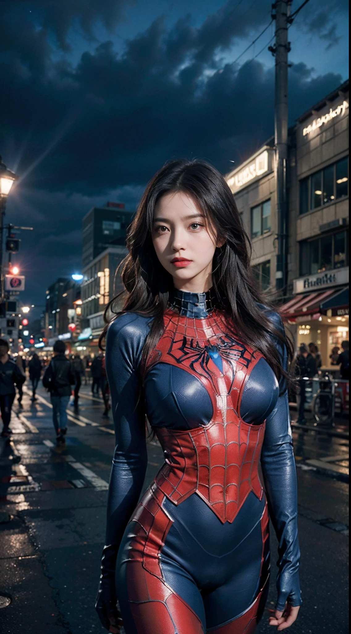 (wearing spiderwoman_cosplay_outfit:1.1), in front of a sky, (red and ...