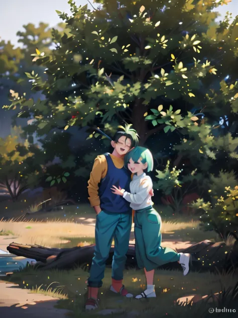 anime couple hugging under a tree in a park, illustration, happy and smile, dragon ball z, daragonball characters, high quality ...