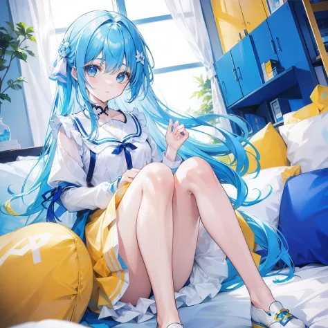 Bluish hair，Clothes with blue, yellow and white，A cute sweet girl