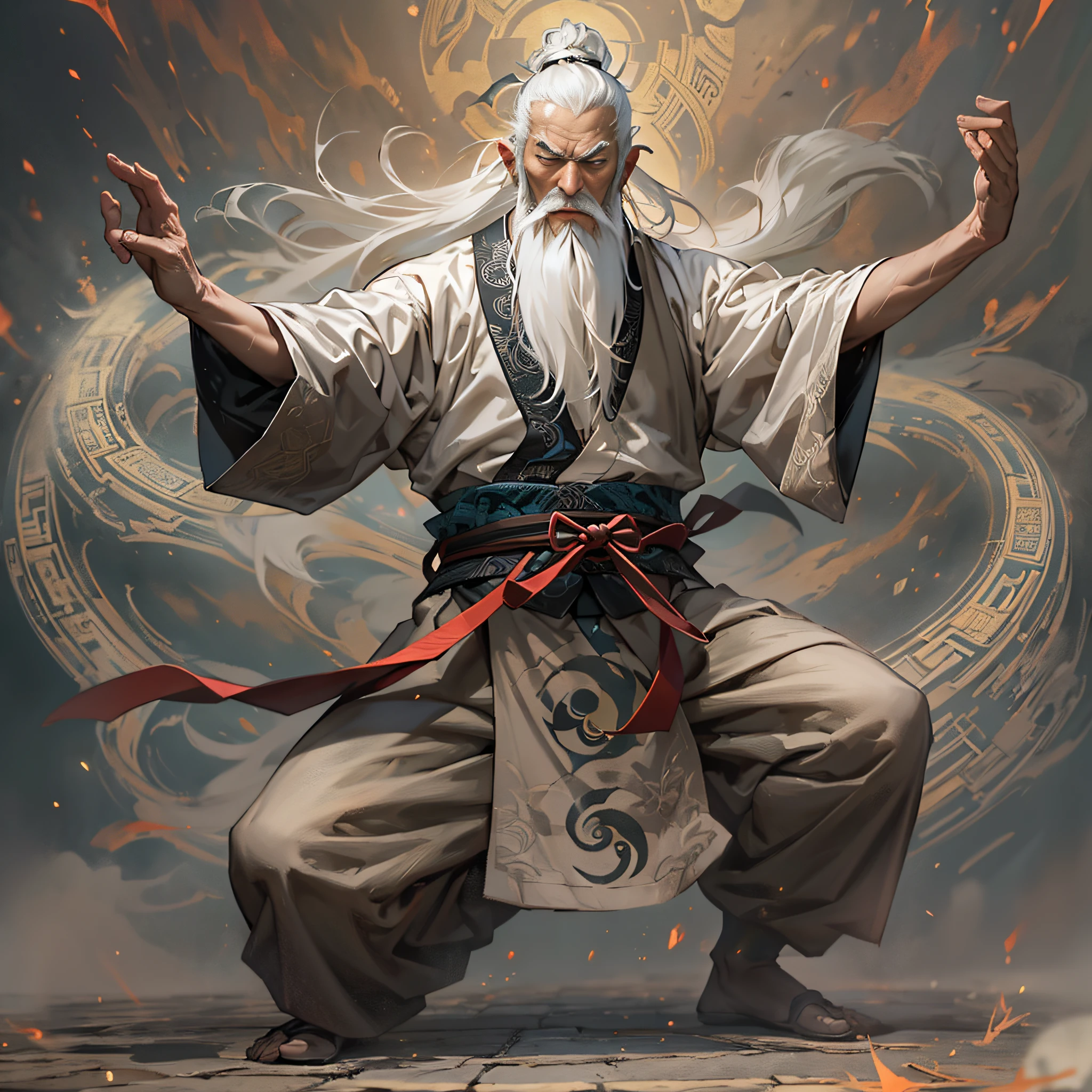 An old man,70 years old，Long white beard，Taoist，shadowboxing，yin yang，Exudes a powerful aura. Showcase his unparalleled prowess. The whole square was trembling, I really appreciate the great power displayed by Li Gu. , 32K, Best quality, Masterpiece, Super detail, High details,