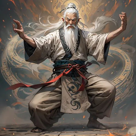An old man,70 years old，Long white beard，Taoist，shadowboxing，yin yang，Exudes a powerful aura. Showcase his unparalleled prowess....