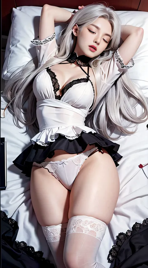 （Woman lying on bed）Photorealistic, High resolution, 1womanl, Solo, hips up high, view the viewer, (Detailed face), White hair, Long hair, （maid clothes）, （(No skirt)（（Black lace panties visible））（（Eyes closed））