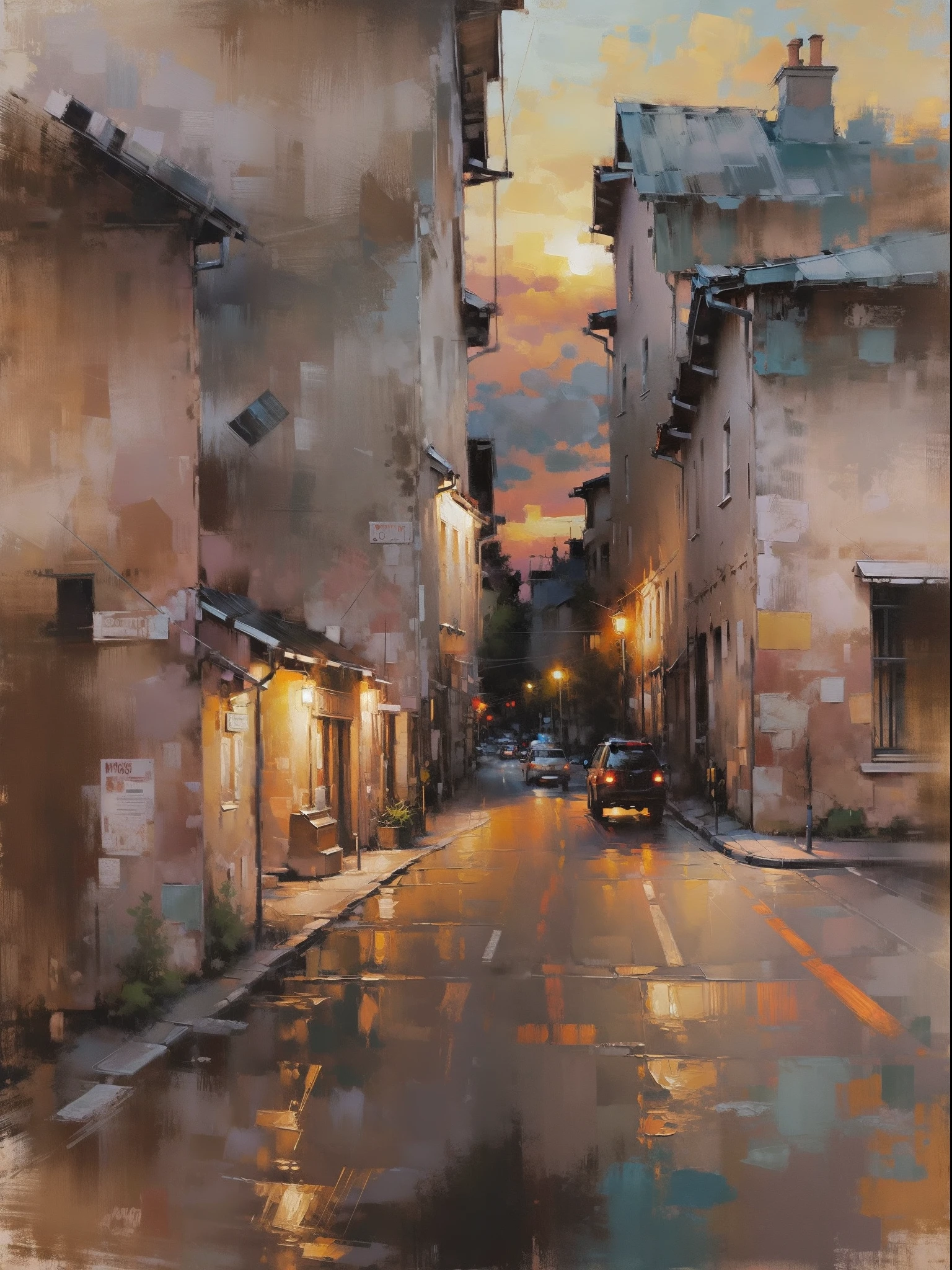 Impressão da paisagem urbana ,Stree e Velho Bilding, lâmpada de estrada, pôr do sol, vicheals. pintura a óleo