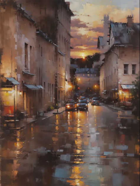 Cityscape  Print ,stree and old bilding, road lamp, sunset, vicheals. Oil Painting