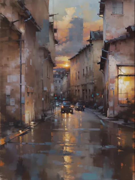 Cityscape  Print ,stree and old bilding, road lamp, sunset, vicheals. Oil Painting