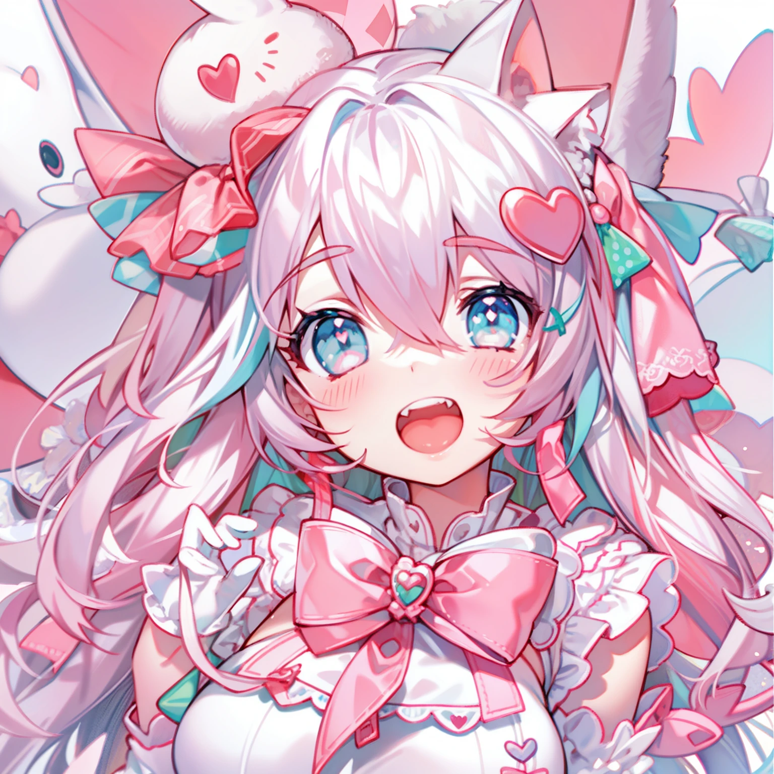 masterpiece,best quality,official art,extremely detailed CG unity 8k wallpaper, huge_filesize, covr, White background, 1girl, solo, loli, head tilt, absurdly long hair, pink and white hair , hair bow, cat hair ornament, light blush, heart in eye, looking at viewer, stare, aqua eyes, light, open mouth, teeth, laugh, low-contrast