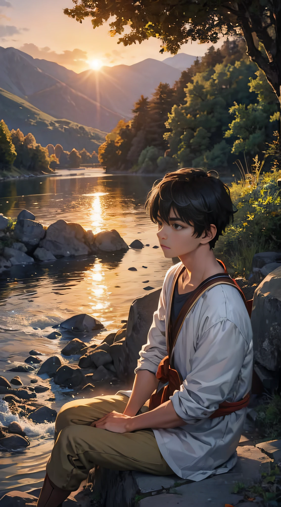 A boy sits on a stone by the river，Looking into the distance，There was a hint of sadness in my heart，The expression is solemn，facing at camera，The evening breeze is long，Autumn water，Sunset on the mountainside，Gooseback Sun