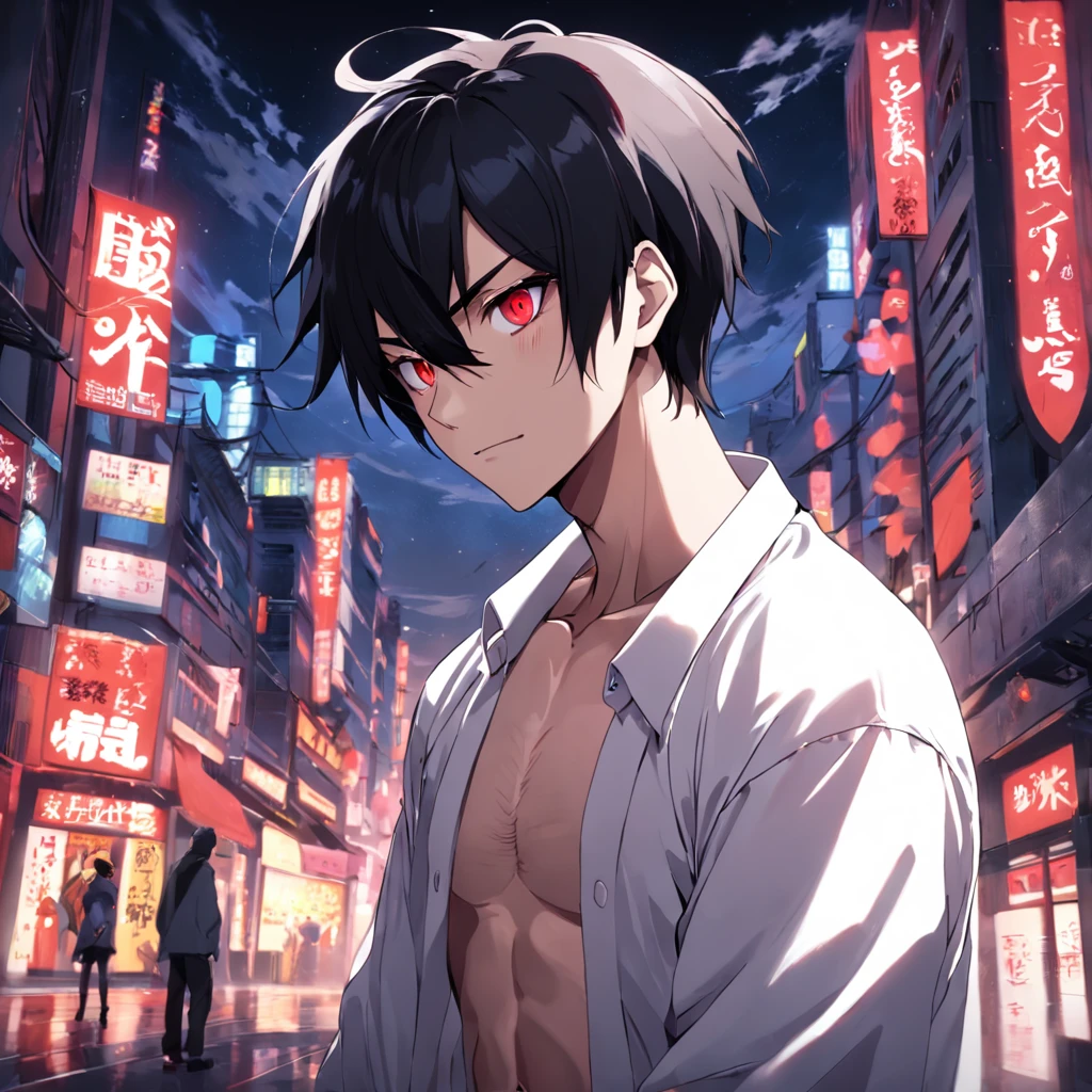 Anime guy with black hair and red eyes standing in a city - SeaArt AI