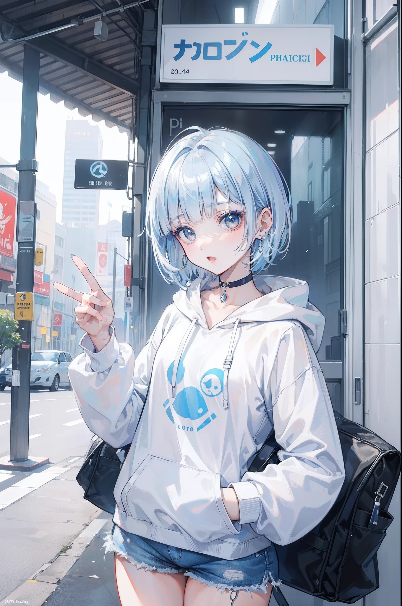 masterpiece, best quality, ultra detailed beautiful face and eyes,solo,a beautiful girl,light blue hair,(((short hair))),((straight hair)),blunt bangs,((white eyes)),((tareme)),make-up,flat chest,hoodie,short pants,fingernails,hoop earrings,peace,happy,open mouth,(city)