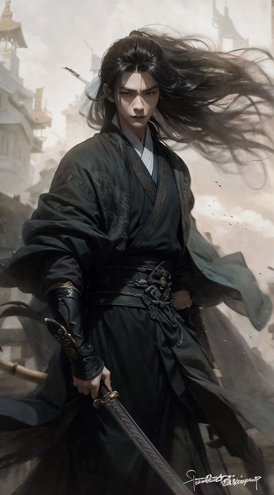 Black-haired man，Splash ink bamboo，Sharp and vibrant，Bamboo is sharp and straight，Young Emperor，Ambition and intrigue are on full display，A warrior，long whitr hair，Hanfu，Robe，sword，Handsome face shape，Fierce and evil，The eyes are murderous，Zhou Zheng is very handsome，Tall，Decisive killing，