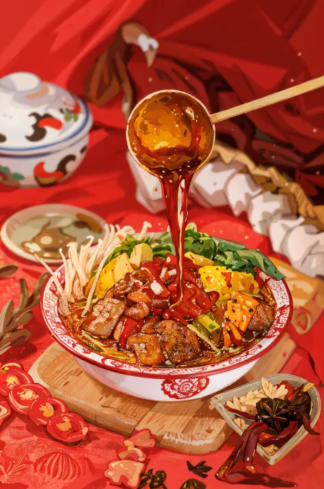 delicacies，Illustration style，Tempting appetite，autumnal，Autumn light close-up spicy noodles、White noodles、Thin noodles、Noodles ...