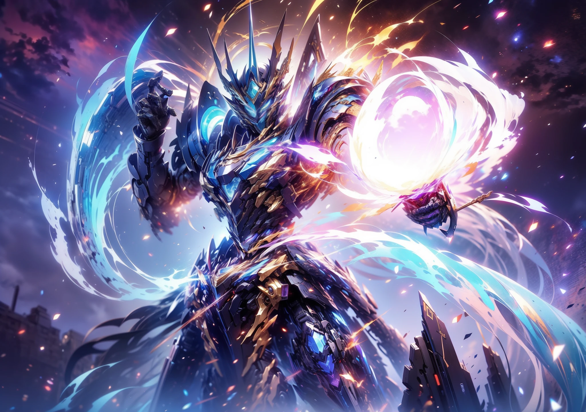 super wide shot, Close-up of the frontal photo itself,Mecha male warrior close-up，Future warrior style《Mech color: The main color is purple，blue colors》，（《Refer to the Chinese Qin Emperor Sword》，Hold the Qin Huang sword in his hand，The sword itself glows blue），Keqing from Genshin Impact, (Masterpiece) ， The best quality， High quality，Movie Lighting， （Exquisite future）， Beautiful and beautiful， Ultra detailed， great composition， Floating， Depth of field， （Very detailed CG，Unity 8k Wallpaper）， （Beautiful detail background）， dramatic lights， GOGETTA， Mecha，best qualtiy，Ultra-high 8K Ultra HD，digital SLR camera，high qulity，Film particle resolution，
