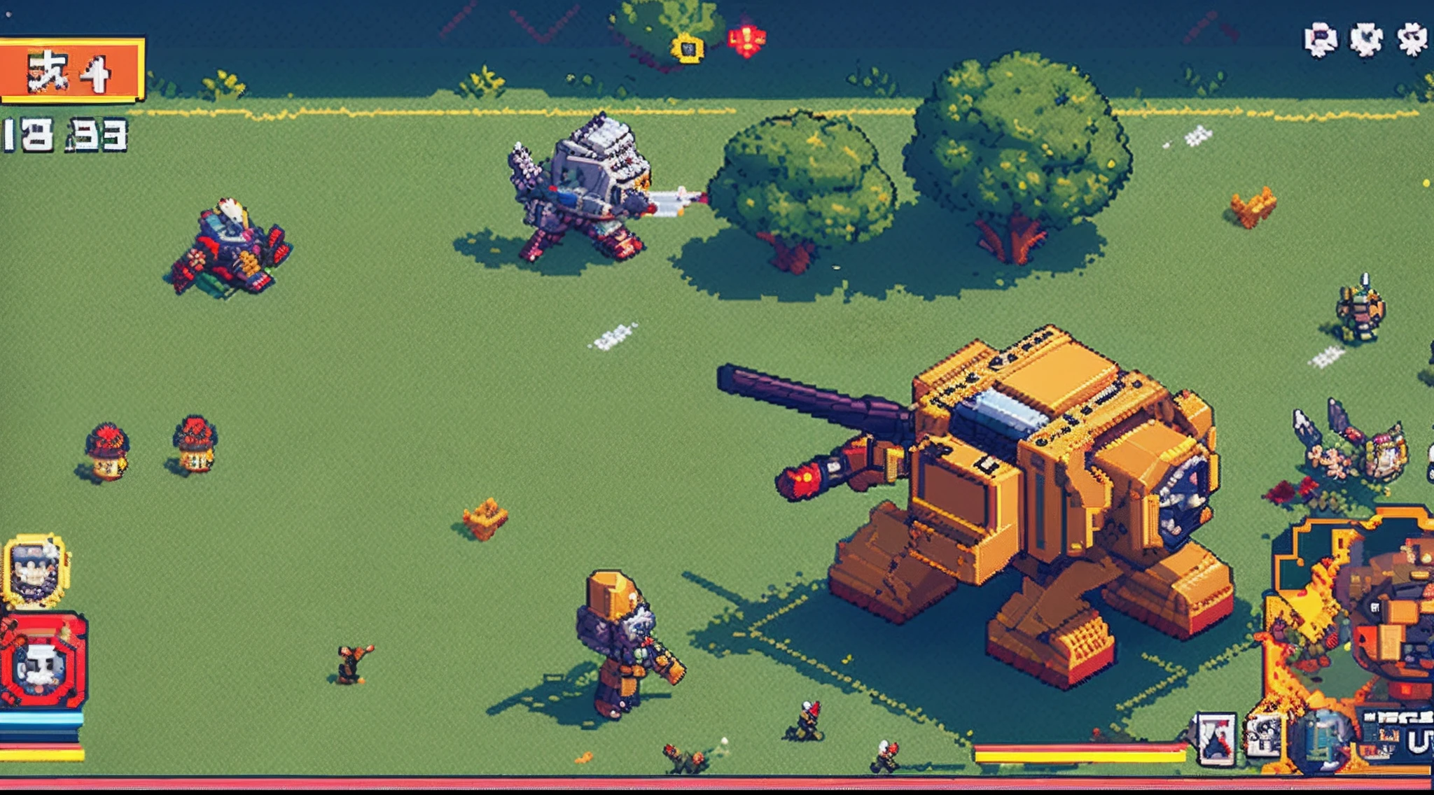 A screenshot of a pixel war machine in a field - SeaArt AI