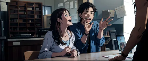 Anime scene, couple at the center of the frame, a guy speaking with hand gesture, laughing
